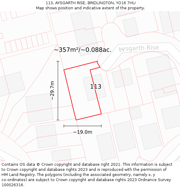 113, AYSGARTH RISE, BRIDLINGTON, YO16 7HU: Plot and title map