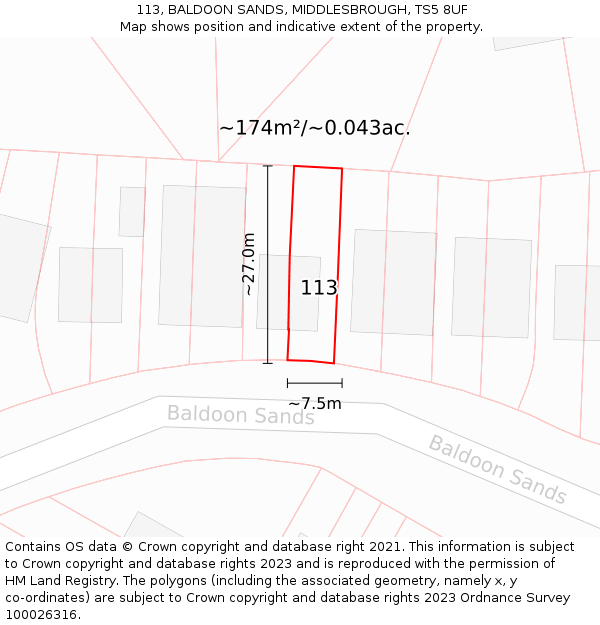 113, BALDOON SANDS, MIDDLESBROUGH, TS5 8UF: Plot and title map