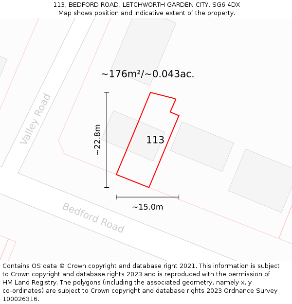 113, BEDFORD ROAD, LETCHWORTH GARDEN CITY, SG6 4DX: Plot and title map