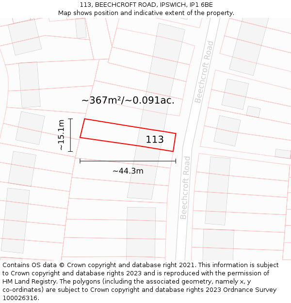 113, BEECHCROFT ROAD, IPSWICH, IP1 6BE: Plot and title map