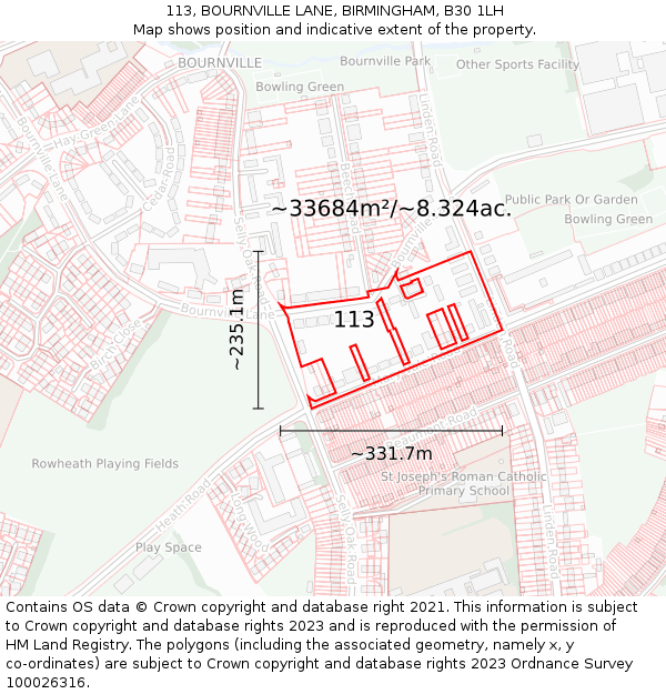 113, BOURNVILLE LANE, BIRMINGHAM, B30 1LH: Plot and title map