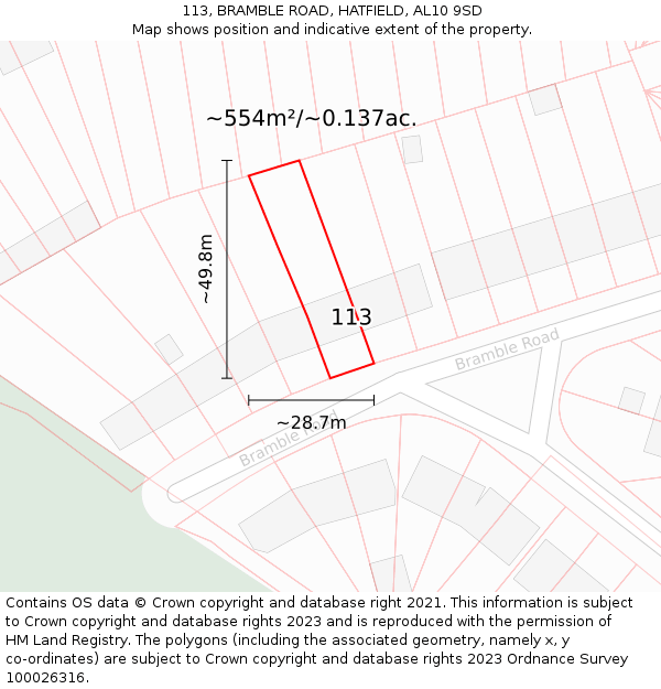 113, BRAMBLE ROAD, HATFIELD, AL10 9SD: Plot and title map