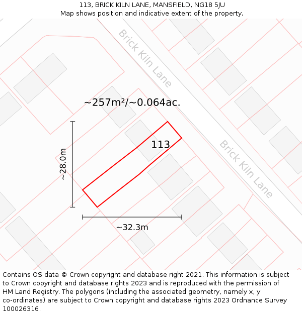 113, BRICK KILN LANE, MANSFIELD, NG18 5JU: Plot and title map