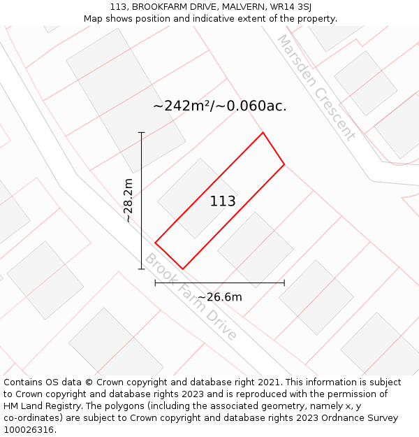 113, BROOKFARM DRIVE, MALVERN, WR14 3SJ: Plot and title map