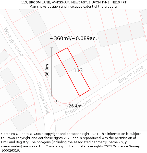 113, BROOM LANE, WHICKHAM, NEWCASTLE UPON TYNE, NE16 4PT: Plot and title map