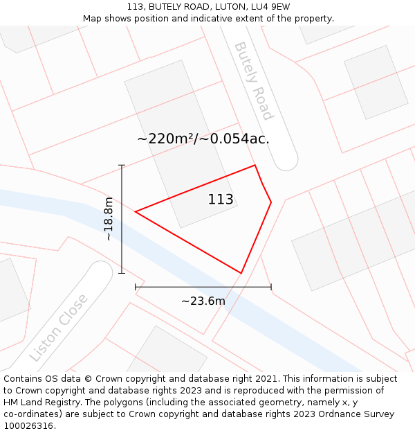 113, BUTELY ROAD, LUTON, LU4 9EW: Plot and title map