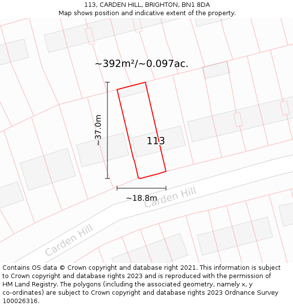 113, CARDEN HILL, BRIGHTON, BN1 8DA: Plot and title map