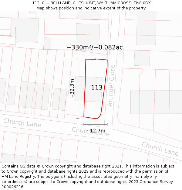 113, CHURCH LANE, CHESHUNT, WALTHAM CROSS, EN8 0DX: Plot and title map