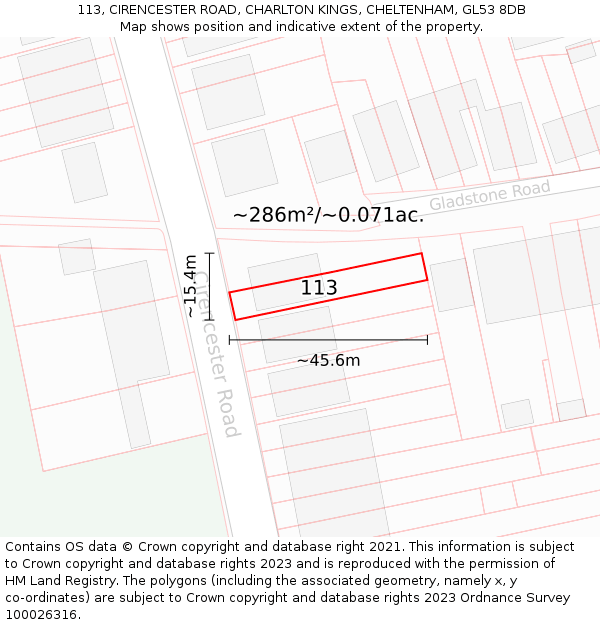 113, CIRENCESTER ROAD, CHARLTON KINGS, CHELTENHAM, GL53 8DB: Plot and title map