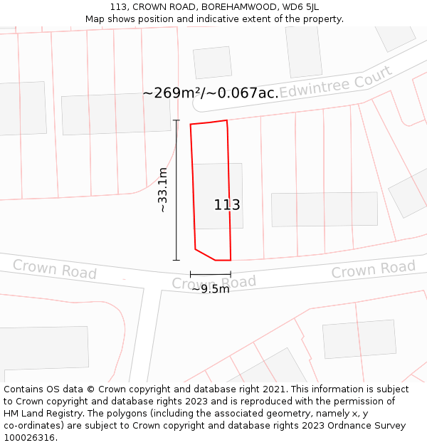 113, CROWN ROAD, BOREHAMWOOD, WD6 5JL: Plot and title map