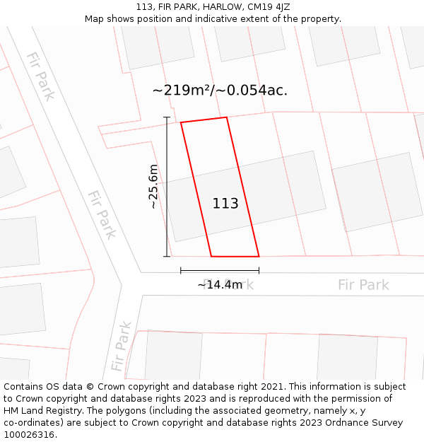 113, FIR PARK, HARLOW, CM19 4JZ: Plot and title map