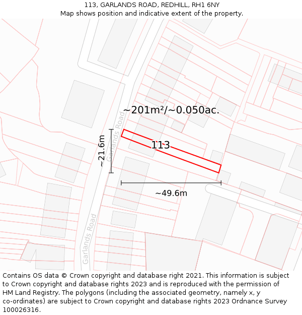 113, GARLANDS ROAD, REDHILL, RH1 6NY: Plot and title map