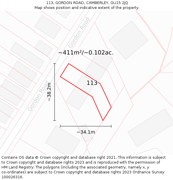 113, GORDON ROAD, CAMBERLEY, GU15 2JQ: Plot and title map