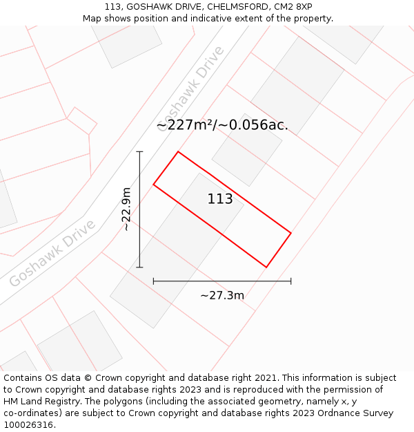 113, GOSHAWK DRIVE, CHELMSFORD, CM2 8XP: Plot and title map