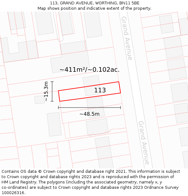 113, GRAND AVENUE, WORTHING, BN11 5BE: Plot and title map