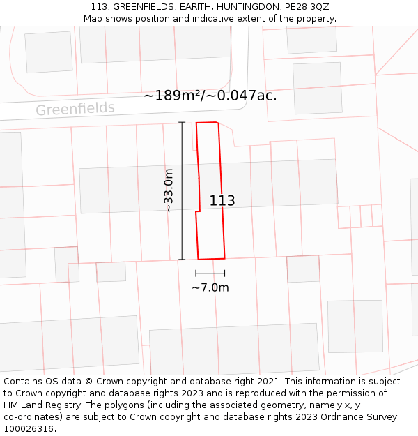 113, GREENFIELDS, EARITH, HUNTINGDON, PE28 3QZ: Plot and title map