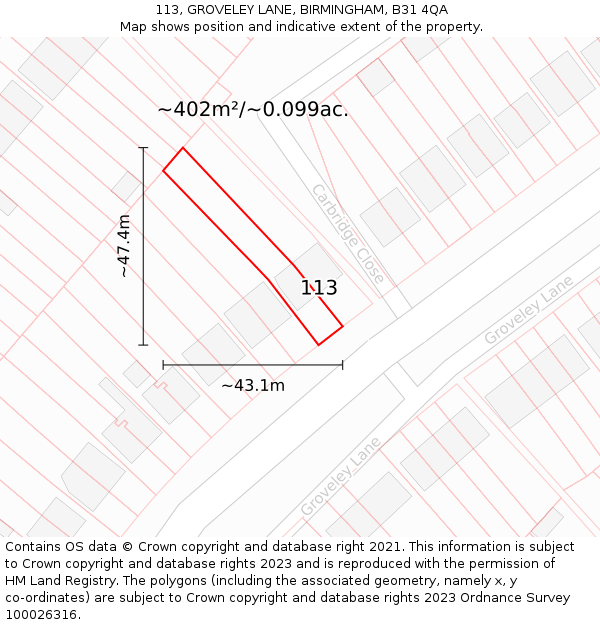 113, GROVELEY LANE, BIRMINGHAM, B31 4QA: Plot and title map