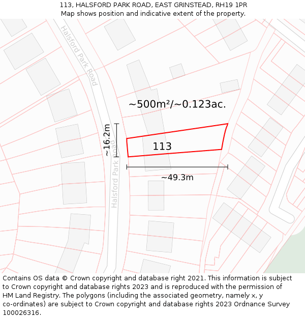 113, HALSFORD PARK ROAD, EAST GRINSTEAD, RH19 1PR: Plot and title map