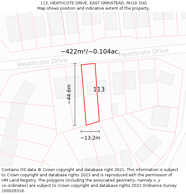 113, HEATHCOTE DRIVE, EAST GRINSTEAD, RH19 1NG: Plot and title map