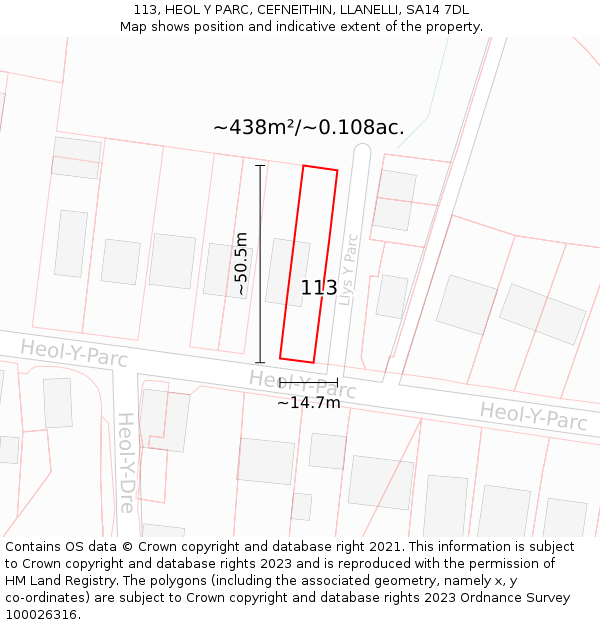 113, HEOL Y PARC, CEFNEITHIN, LLANELLI, SA14 7DL: Plot and title map