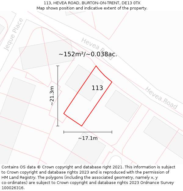 113, HEVEA ROAD, BURTON-ON-TRENT, DE13 0TX: Plot and title map