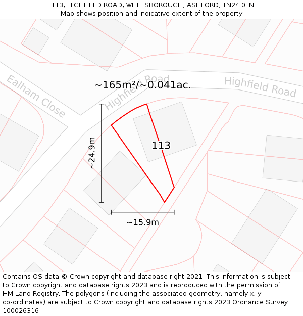 113, HIGHFIELD ROAD, WILLESBOROUGH, ASHFORD, TN24 0LN: Plot and title map