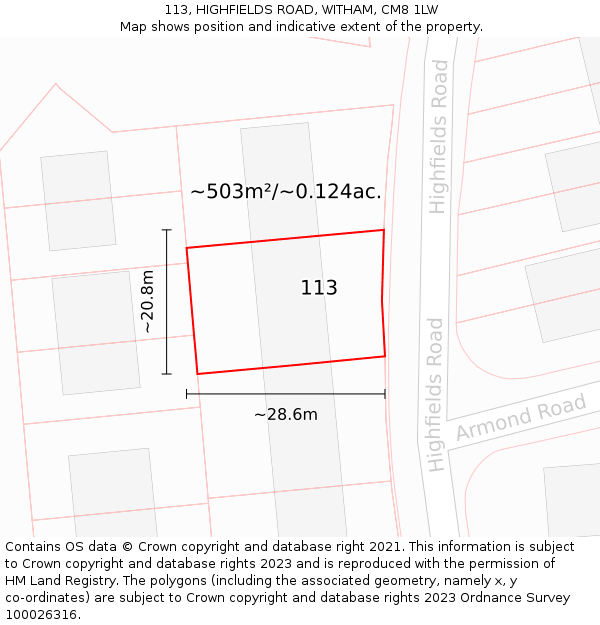 113, HIGHFIELDS ROAD, WITHAM, CM8 1LW: Plot and title map