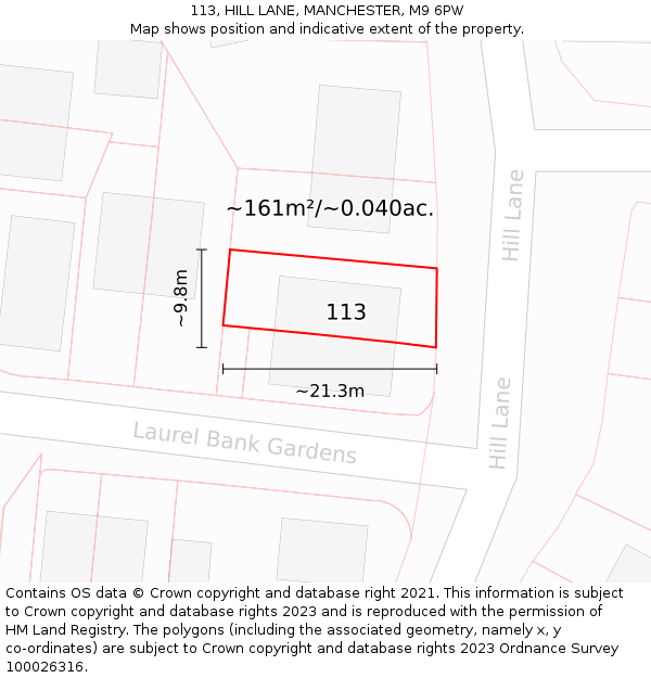 113, HILL LANE, MANCHESTER, M9 6PW: Plot and title map