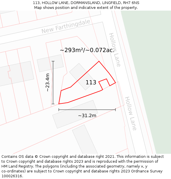 113, HOLLOW LANE, DORMANSLAND, LINGFIELD, RH7 6NS: Plot and title map