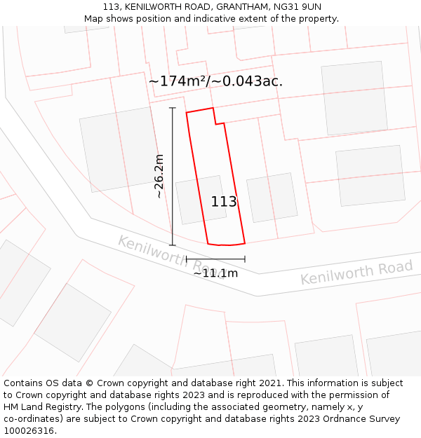 113, KENILWORTH ROAD, GRANTHAM, NG31 9UN: Plot and title map