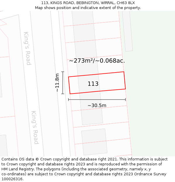 113, KINGS ROAD, BEBINGTON, WIRRAL, CH63 8LX: Plot and title map