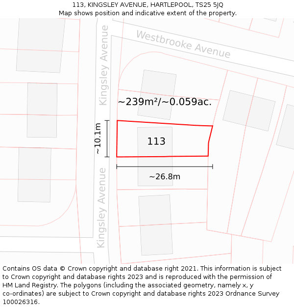 113, KINGSLEY AVENUE, HARTLEPOOL, TS25 5JQ: Plot and title map