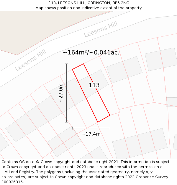 113, LEESONS HILL, ORPINGTON, BR5 2NG: Plot and title map