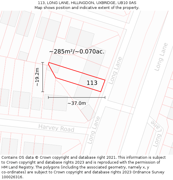 113, LONG LANE, HILLINGDON, UXBRIDGE, UB10 0AS: Plot and title map