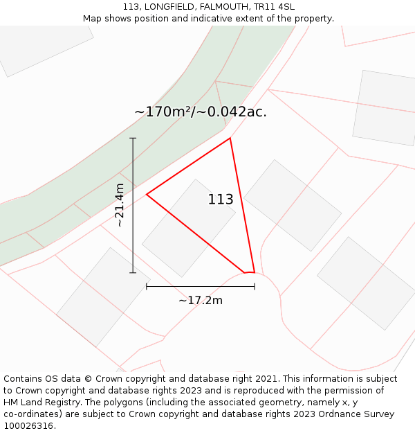 113, LONGFIELD, FALMOUTH, TR11 4SL: Plot and title map