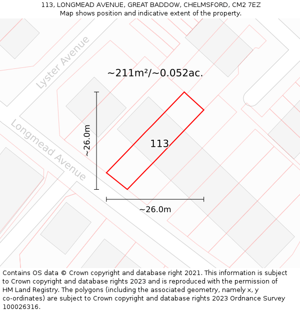 113, LONGMEAD AVENUE, GREAT BADDOW, CHELMSFORD, CM2 7EZ: Plot and title map