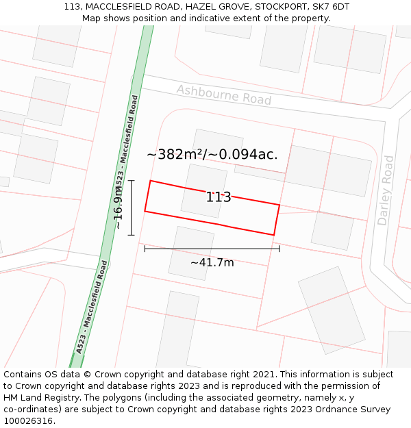 113, MACCLESFIELD ROAD, HAZEL GROVE, STOCKPORT, SK7 6DT: Plot and title map