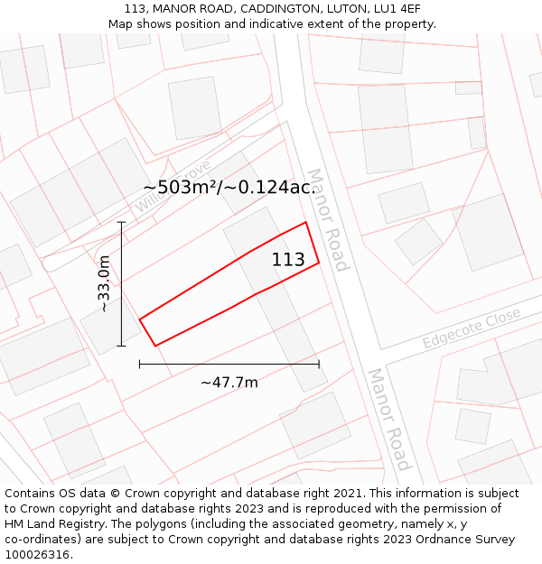 113, MANOR ROAD, CADDINGTON, LUTON, LU1 4EF: Plot and title map