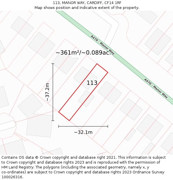 113, MANOR WAY, CARDIFF, CF14 1RF: Plot and title map