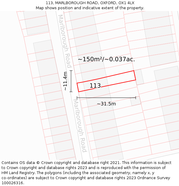 113, MARLBOROUGH ROAD, OXFORD, OX1 4LX: Plot and title map