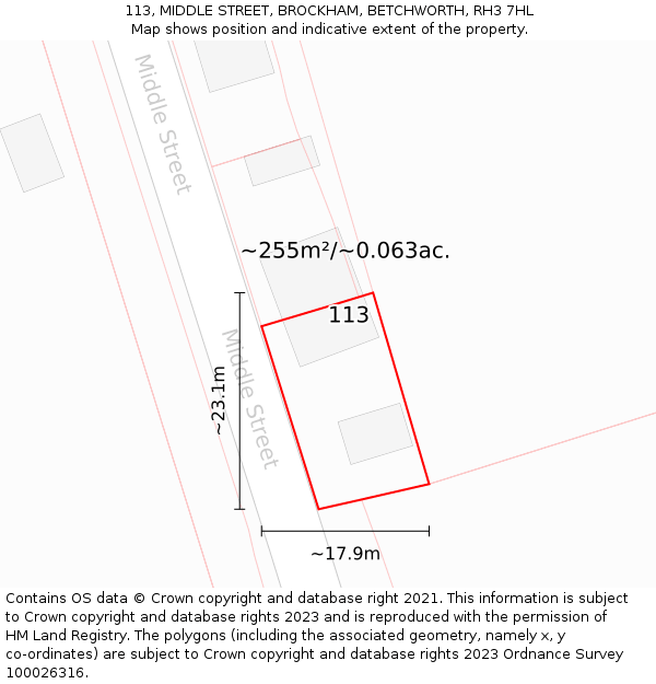 113, MIDDLE STREET, BROCKHAM, BETCHWORTH, RH3 7HL: Plot and title map