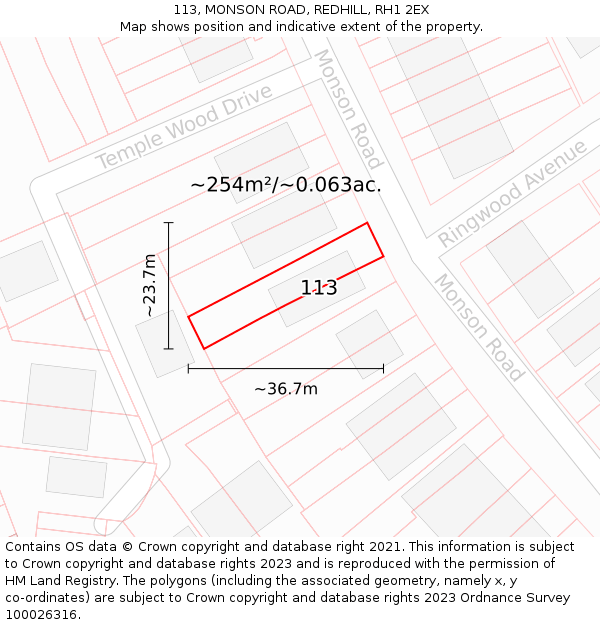 113, MONSON ROAD, REDHILL, RH1 2EX: Plot and title map