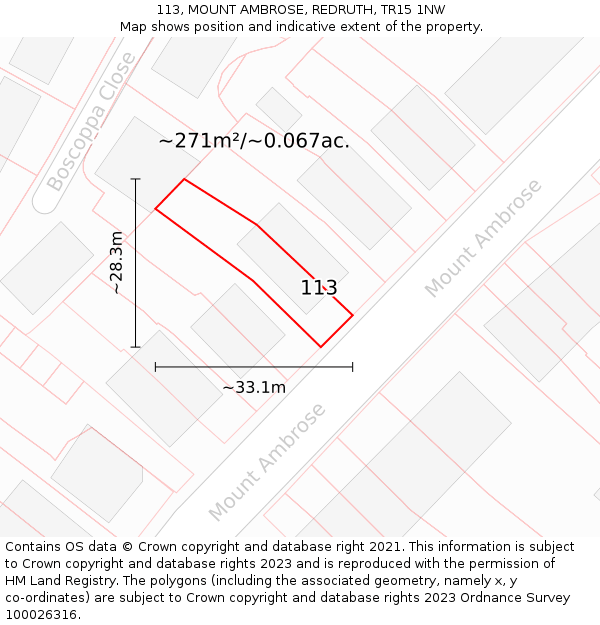 113, MOUNT AMBROSE, REDRUTH, TR15 1NW: Plot and title map