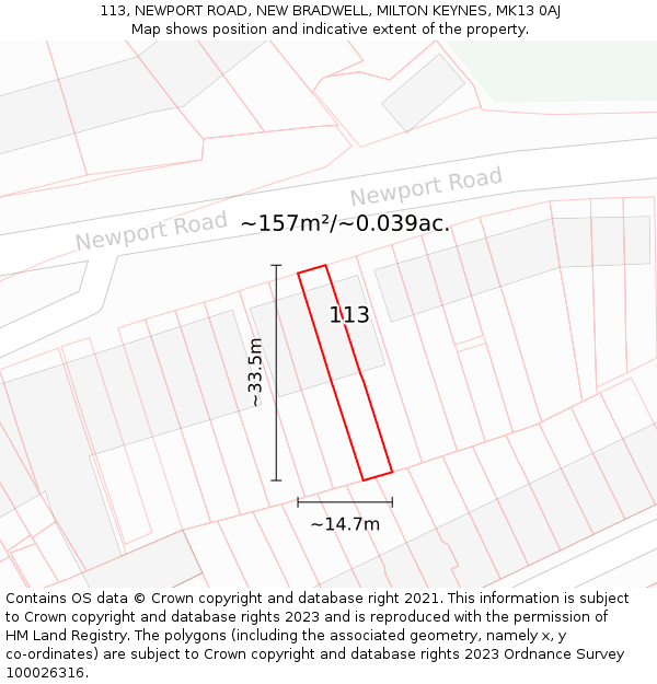 113, NEWPORT ROAD, NEW BRADWELL, MILTON KEYNES, MK13 0AJ: Plot and title map