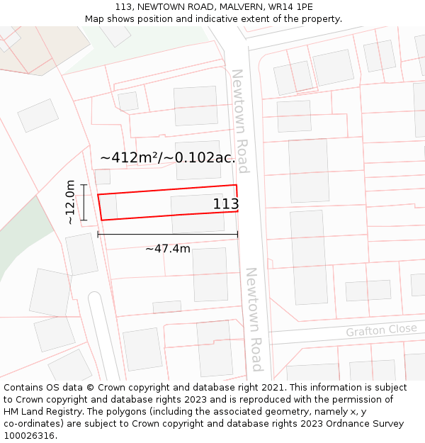 113, NEWTOWN ROAD, MALVERN, WR14 1PE: Plot and title map