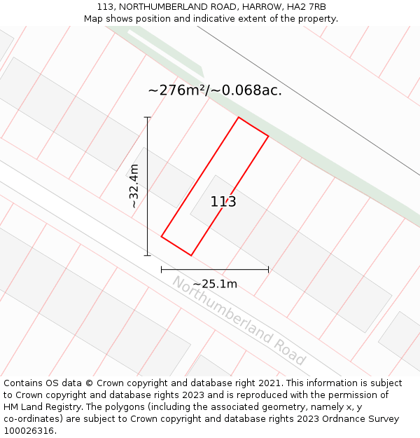 113, NORTHUMBERLAND ROAD, HARROW, HA2 7RB: Plot and title map