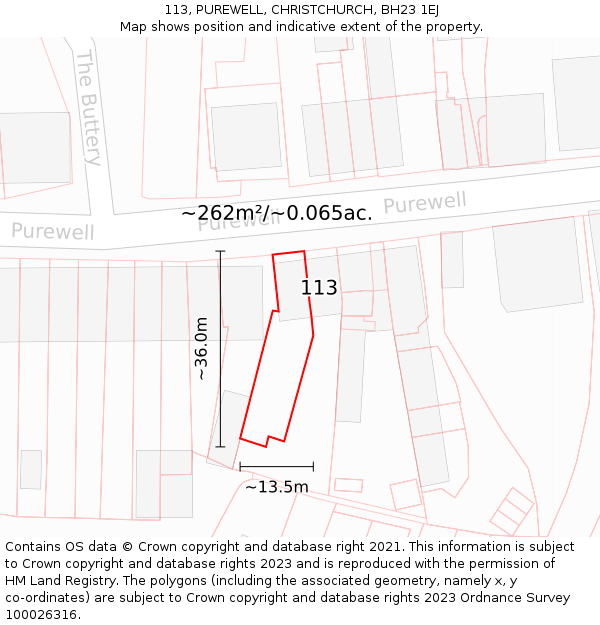 113, PUREWELL, CHRISTCHURCH, BH23 1EJ: Plot and title map