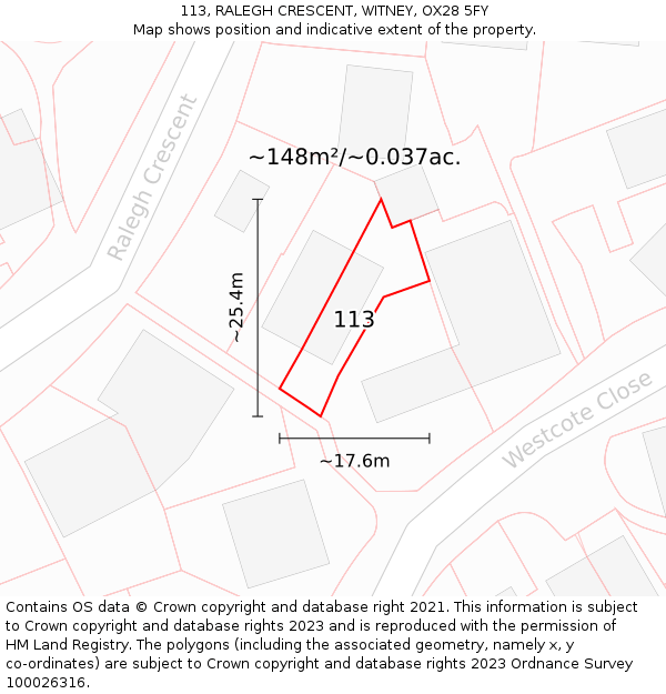 113, RALEGH CRESCENT, WITNEY, OX28 5FY: Plot and title map