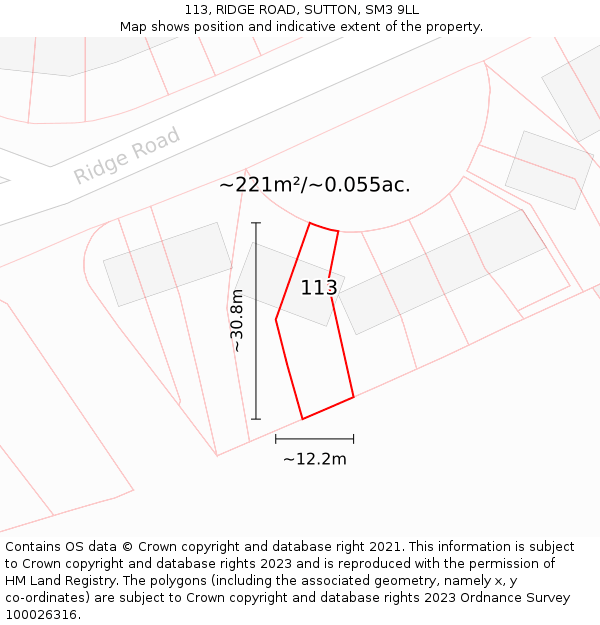 113, RIDGE ROAD, SUTTON, SM3 9LL: Plot and title map