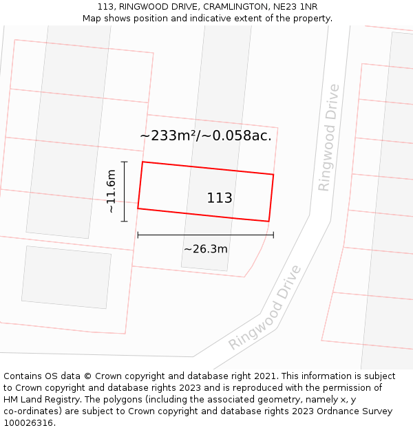 113, RINGWOOD DRIVE, CRAMLINGTON, NE23 1NR: Plot and title map